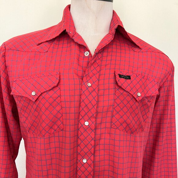 80's Western Wear Shirt - Snap Pearl Buttons Montgomery Wards - Red & Blue Check - Picture 2 of 9